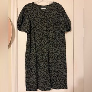 Sweatshirt Material Dress Green and Black Animal Print Puff Sleeves